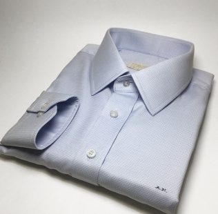 Camisa Sob Medida 100% Algodão Egípcio Fio 80 Maquinetado Quadriculado Azul Claro e Branco