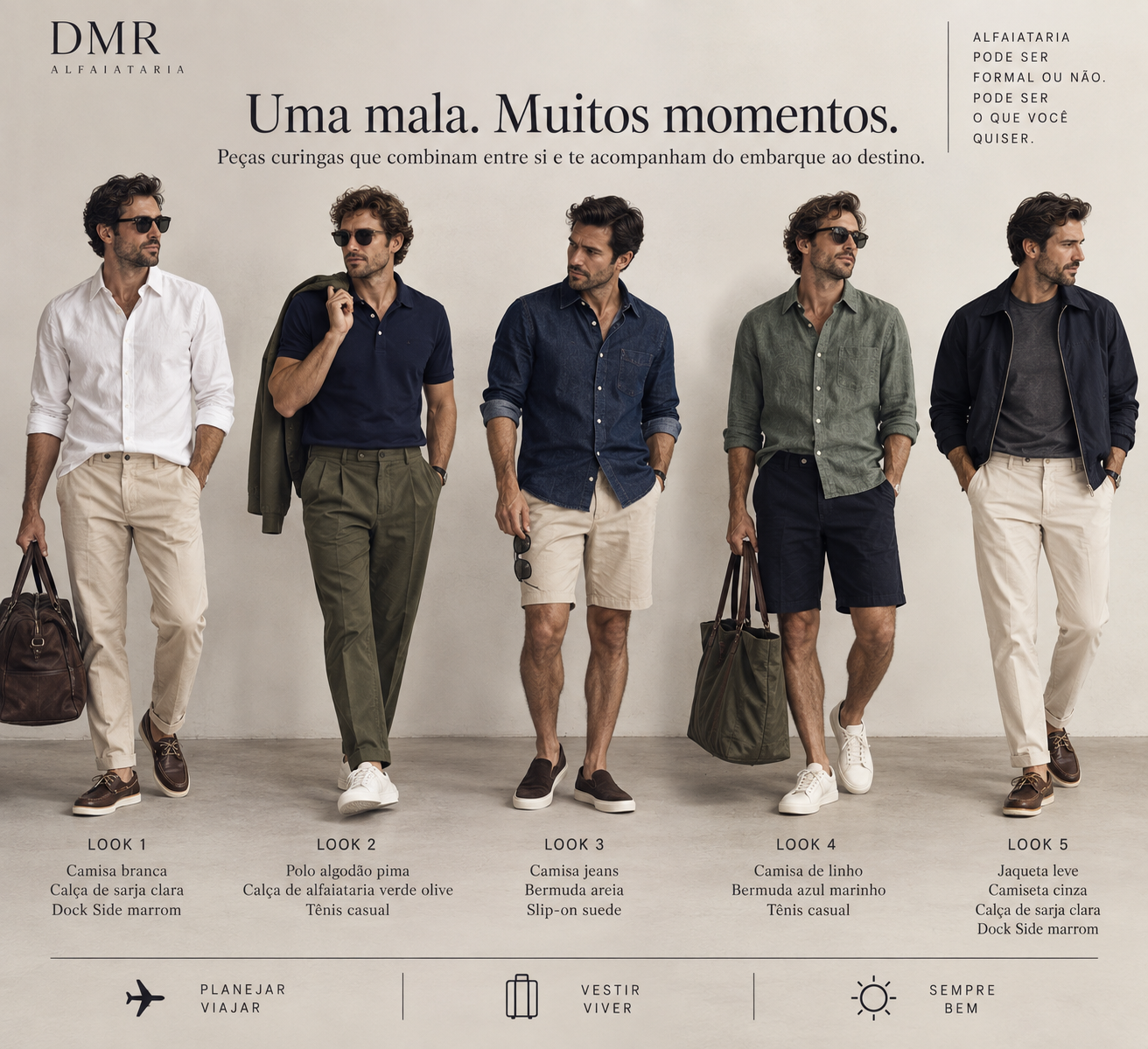 Uma mala. Muitos Momentos. Peças curingas que combinam entre si e te acomopanham em qualquer viagem curta.